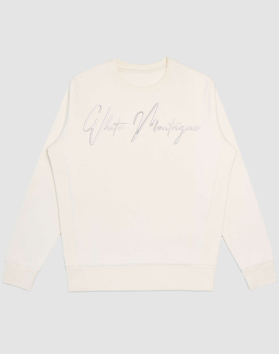 Embroidered White Montagne Logo Crewneck